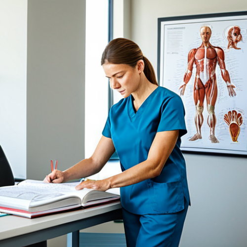 Home 8 A focused adult female sports massage therapist, wearing professional medical scrubs, diligently studying an anatomical chart of the human muscular system in a brightly lit, modern clinical office. She holds a textbook open, reflecting her dedication to comprehensive anatomical knowledge. The setting is clean and well-organized. Full body shot, perfect anatomy, correct proportions, natural pose, well-formed hands, proper finger count, natural body proportions. High-quality professional photography, detailed, realistic, fully clothed, appropriate attire, modest clothing, professional dress, safe for work, appropriate content, family-friendly.
