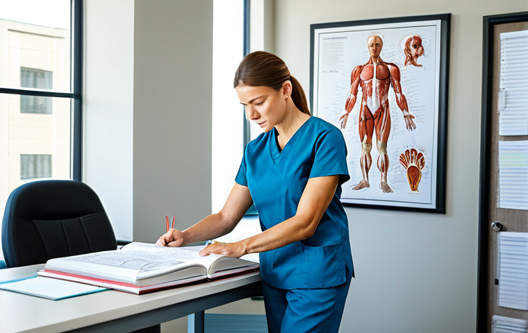 A focused adult female sports massage therapist, wearing professional medical scrubs, diligently studying an anatomical chart of the human muscular system in a brightly lit, modern clinical office. She holds a textbook open, reflecting her dedication to comprehensive anatomical knowledge. The setting is clean and well-organized. Full body shot, perfect anatomy, correct proportions, natural pose, well-formed hands, proper finger count, natural body proportions. High-quality professional photography, detailed, realistic, fully clothed, appropriate attire, modest clothing, professional dress, safe for work, appropriate content, family-friendly.
